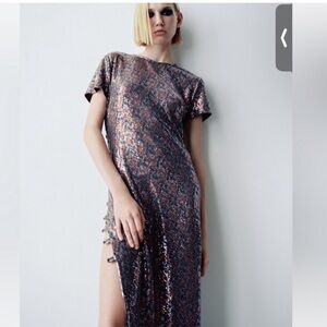 Zara Bronze/Silver Gray Sequin Cut Out Maxi Dress